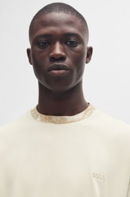 Cotton-jersey T-shirt with jungle-artwork collar, Light Beige