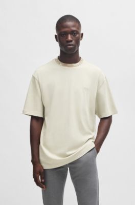 BOSS - Cotton-jersey T-shirt with jungle-artwork collar - Light Beige