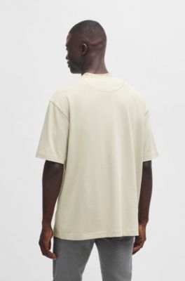 Cotton-jersey T-shirt with jungle-artwork collar, Light Beige