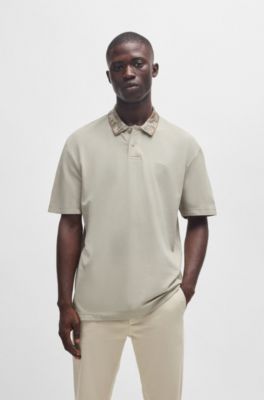 Polo de piqu&eacute; de algod&oacute;n con ilustraci&oacute;n de la selva en el cuello, Beige claro