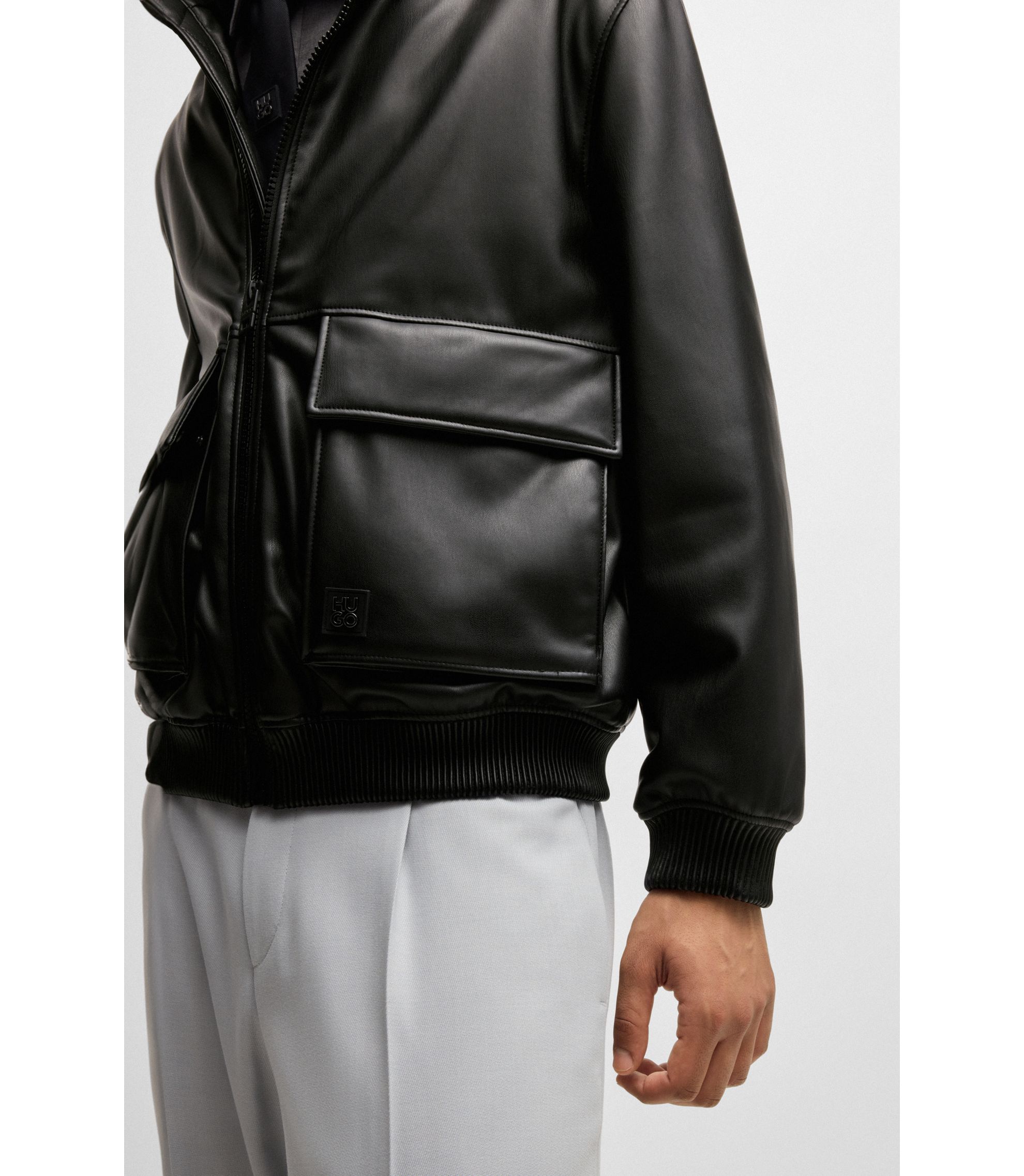 HUGO - Faux-leather jacket with stacked logo - Black