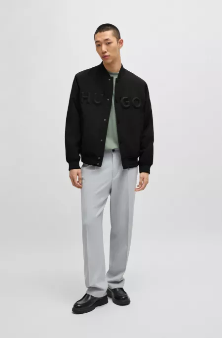 Water-repellent bomber jacket with rubberized logo