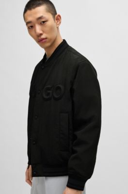 hugo boss 黒リネン　バルスタージャケット HUGO - Water-repellent bomber jacket with rubberized logo - Black