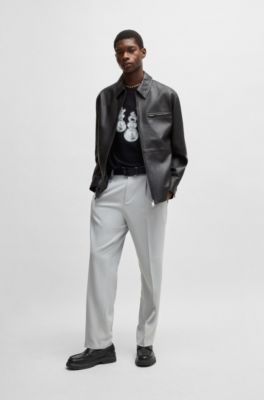 Zip-up leather jacket with chest pocket, Black