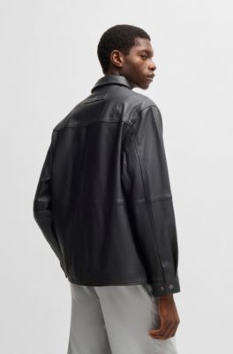 Zip-up leather jacket with chest pocket, Black