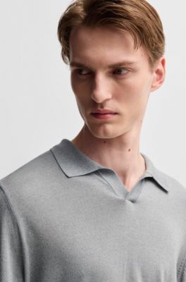 Jersey regular fit de algod&oacute;n y seda con cuello Johnny, Plata
