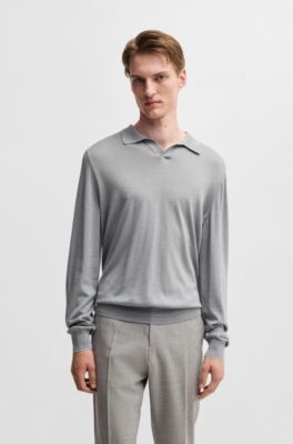 Johnny-collar regular-fit sweater in silk and cotton, Silver