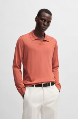 Johnny-collar regular-fit sweater in silk and cotton, Orange