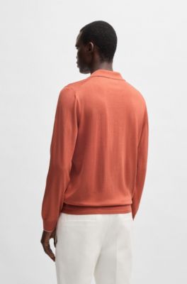 Jersey regular fit de algod&oacute;n y seda con cuello Johnny, Naranja