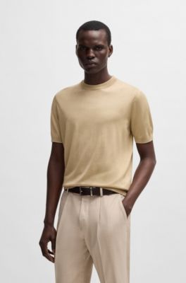 Regular-fit knit T-shirt in silk and cotton, Light Beige