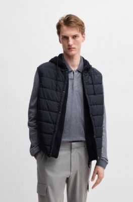 Veste sans manches &agrave; capuche en laine avec panneau en duvet m&eacute;lang&eacute; sur le devant, Bleu fonc&eacute;