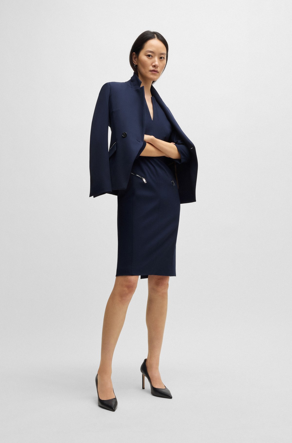BOSS - V-neck dress with zipped pockets and cropped sleeves BOSS - V-neck dress with zipped pockets and cropped sleeves