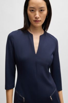 Vestido con escote en pico, bolsillos con cremallera y mangas recortadas, Azul oscuro