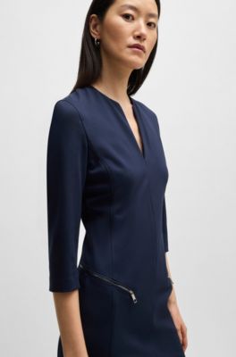 Vestido con escote en pico, bolsillos con cremallera y mangas recortadas, Azul oscuro