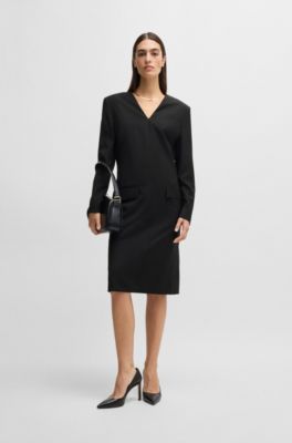 Tailored V-neck dress with flap pockets in relaxed fit, Black