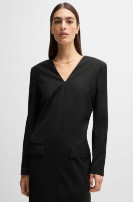 Vestido de sastrer&iacute;a relaxed fit con escote en pico y bolsillos con solapa, Negro