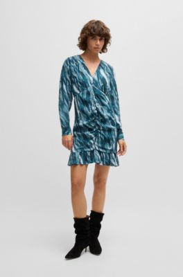 Gathered-front dress with marble-effect print, Patterned