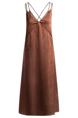 Strappy dress in crinkle satin, Brown