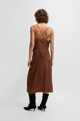 Strappy dress in crinkle satin, Brown
