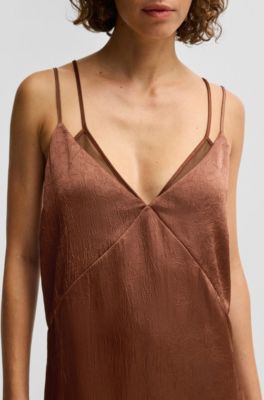 Strappy dress in crinkle satin, Brown