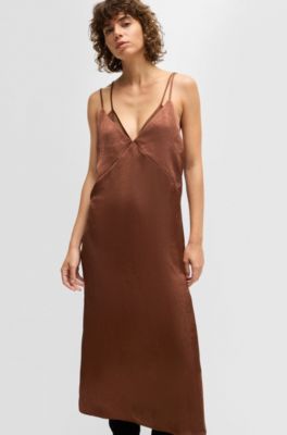 Strappy dress in crinkle satin, Brown