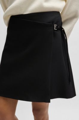 Wrap mini skirt with branded belt buckle, Black