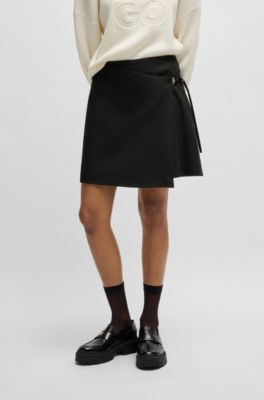 Wrap mini skirt with branded belt buckle, Black