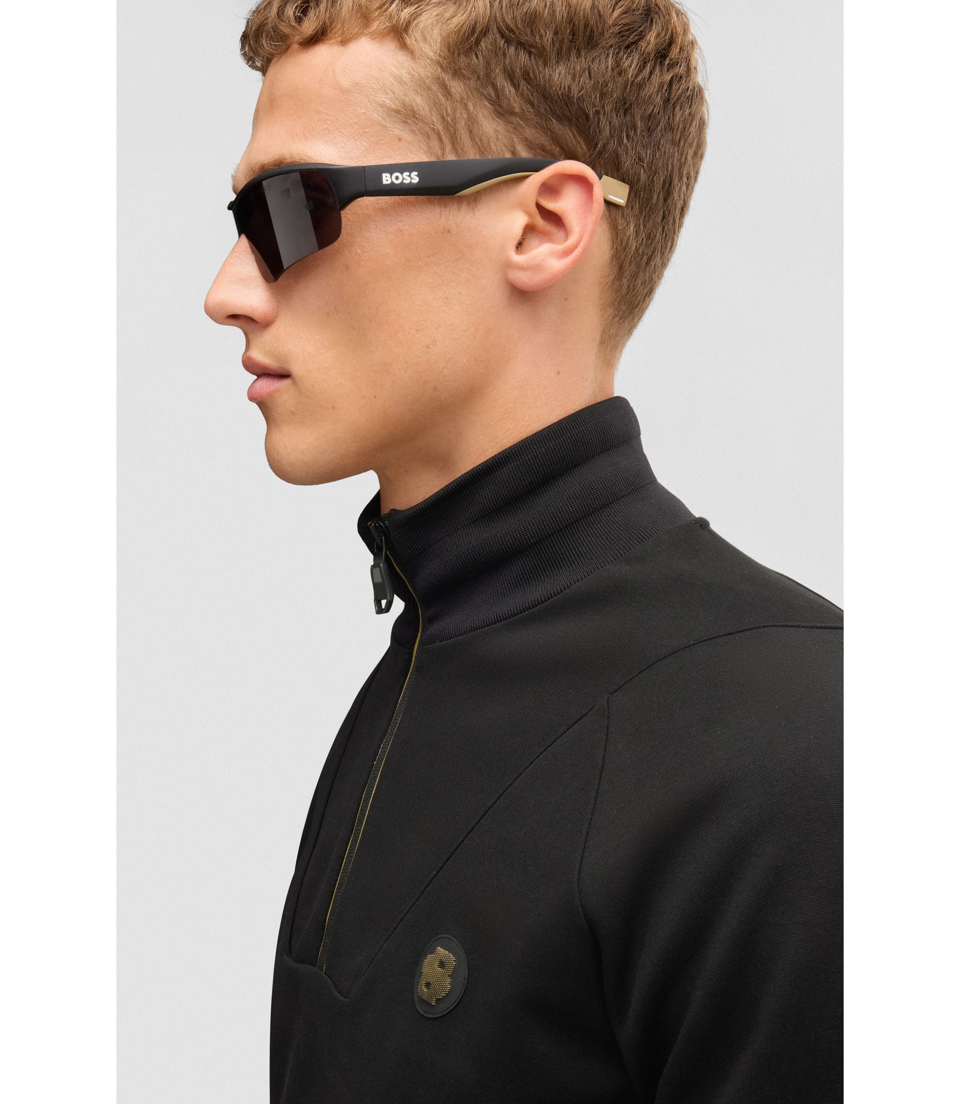 BOSS - Cotton zip-neck sweatshirt with Double B monogram - Black