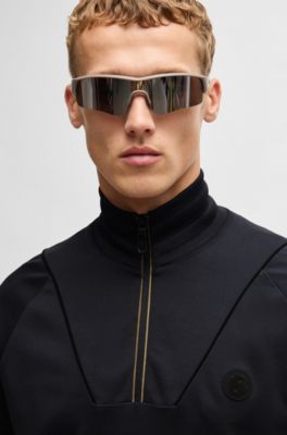 Sweat en coton m&eacute;lang&eacute; &agrave; encolure zipp&eacute;e et monogramme Double&nbsp;B, Bleu fonc&eacute;