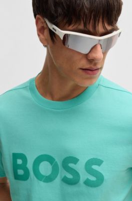 Cotton-jersey T-shirt with large logo, Turquoise