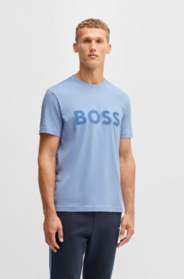 Cotton-jersey T-shirt with large logo, Light Blue