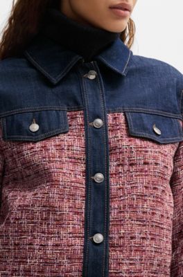 Multicolored-tweed jacket with denim trims, Patterned