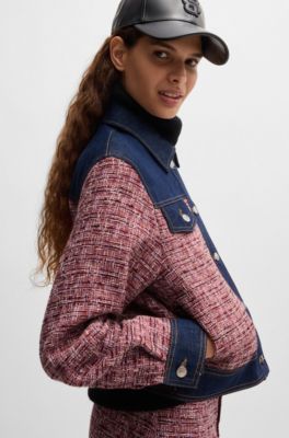 Multicolored-tweed jacket with denim trims, Patterned
