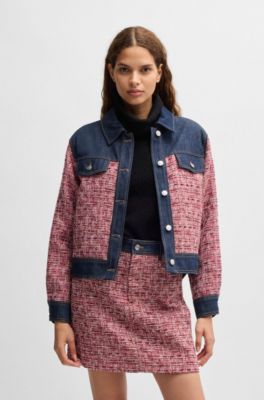Multicolored-tweed jacket with denim trims, Patterned