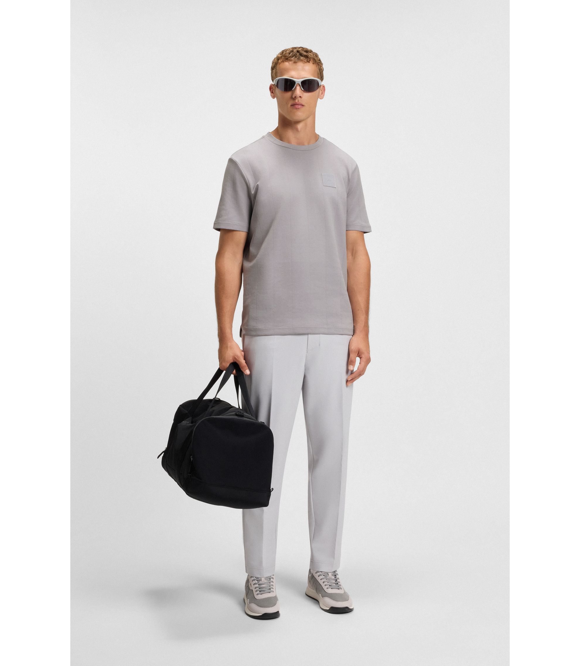 BOSS - T-shirt with drop-needle stitching - Light Grey