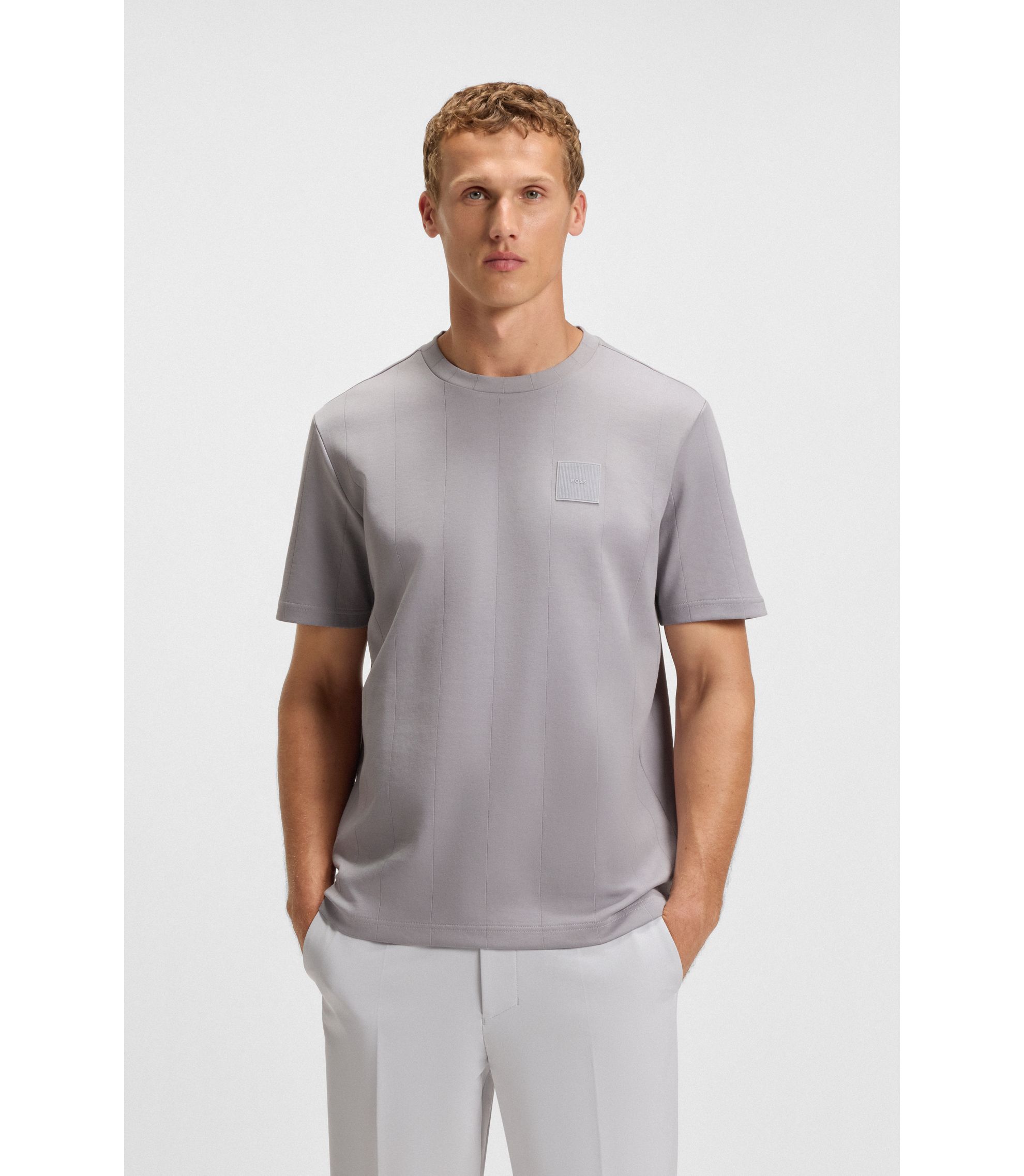 BOSS - T-shirt with drop-needle stitching - Light Grey