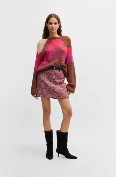 Multicolored-tweed A-line skirt with denim trims
