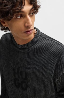 Sudadera de algod&oacute;n en canal&eacute; con estampado de logo apilado ahumado, Negro