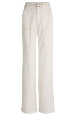 Pantalon large avec ceinture et poches, Blanc
