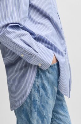 Relaxed-fit blouse in striped poplin, Dark Blue