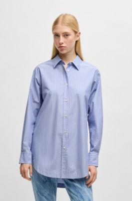 Relaxed-fit blouse in striped poplin, Dark Blue