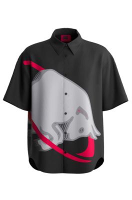 Camisa holgada HUGO x RB con estampado de toro de la marca, Negro