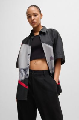 Camisa holgada HUGO x RB con estampado de toro de la marca, Negro