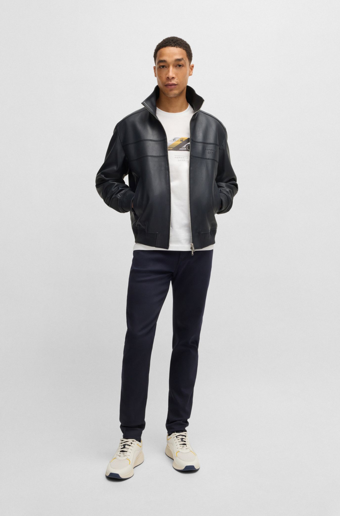 BOSS - Porsche x BOSS regular-fit jacket in leather - Dark Blue