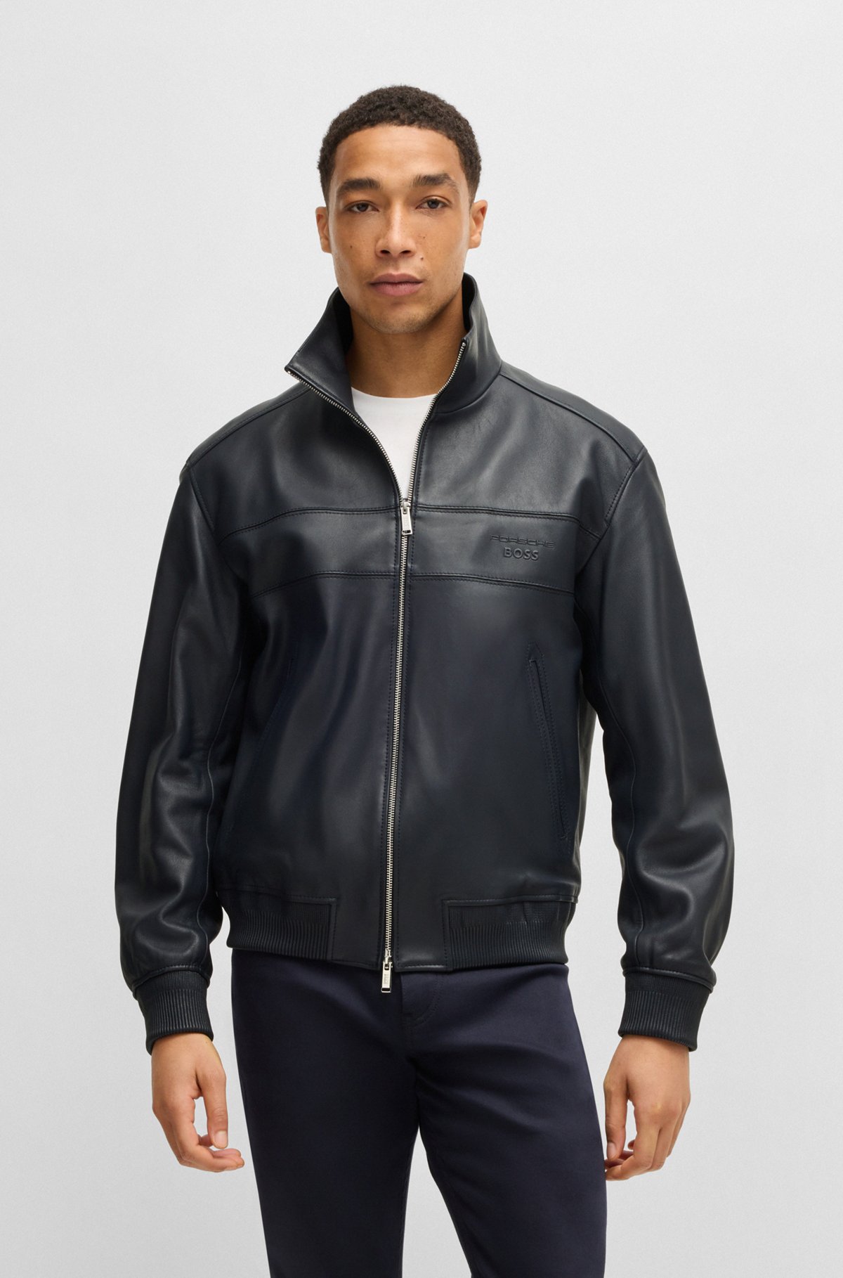 BOSS - Porsche x BOSS regular-fit jacket in leather - Dark Blue BOSS - Porsche x BOSS regular-fit jacket in leather - Dark Blue