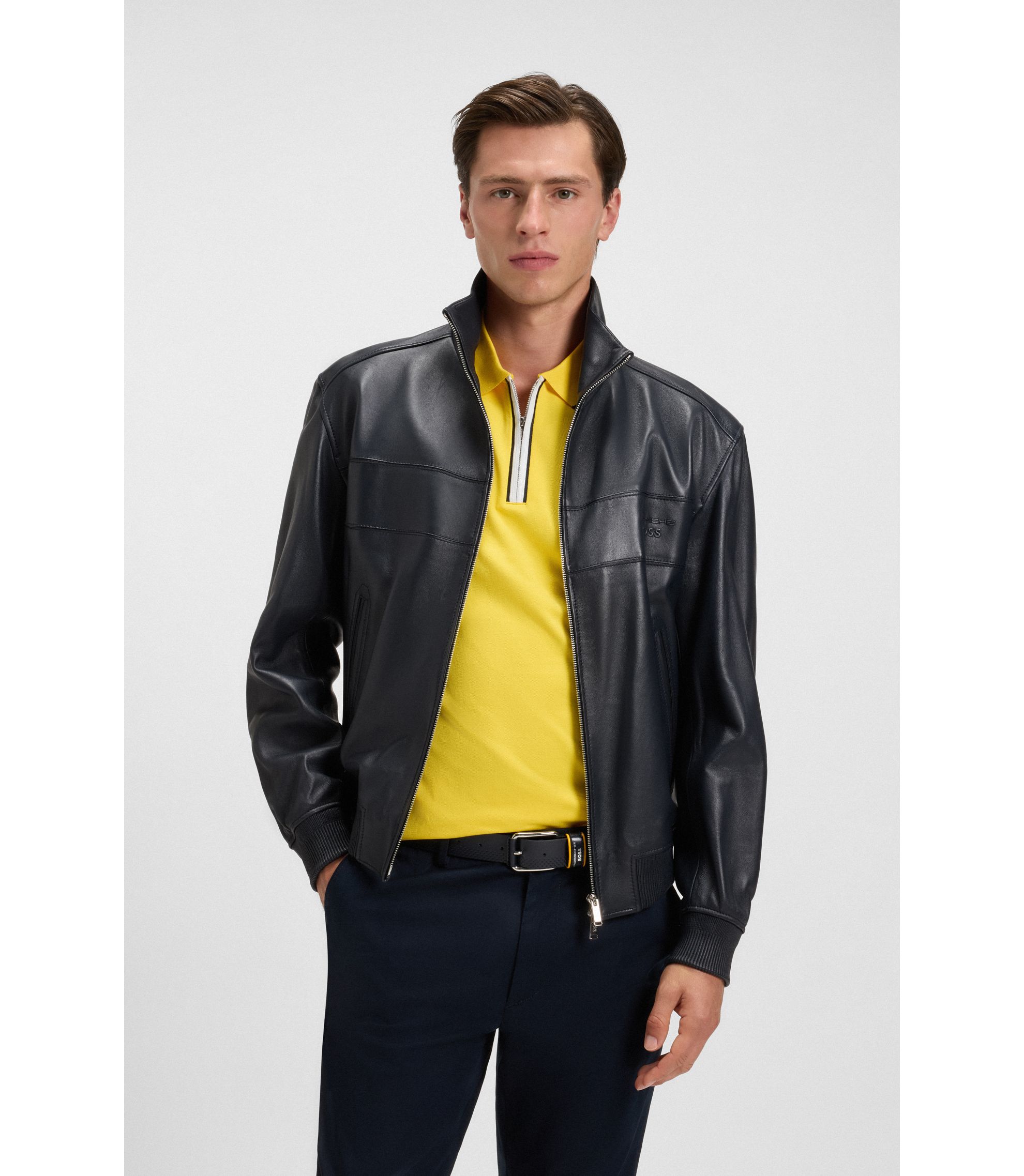 BOSS - Porsche x BOSS regular-fit jacket in leather - Dark Blue