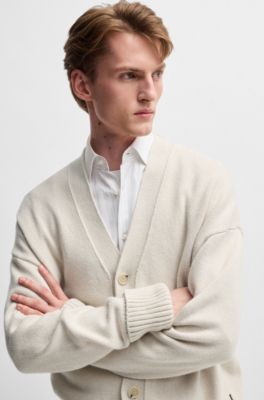 Relaxed-fit cardigan with button front and ribbed cuffs, White