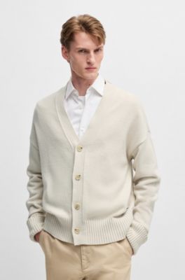 Relaxed-fit cardigan with button front and ribbed cuffs, White