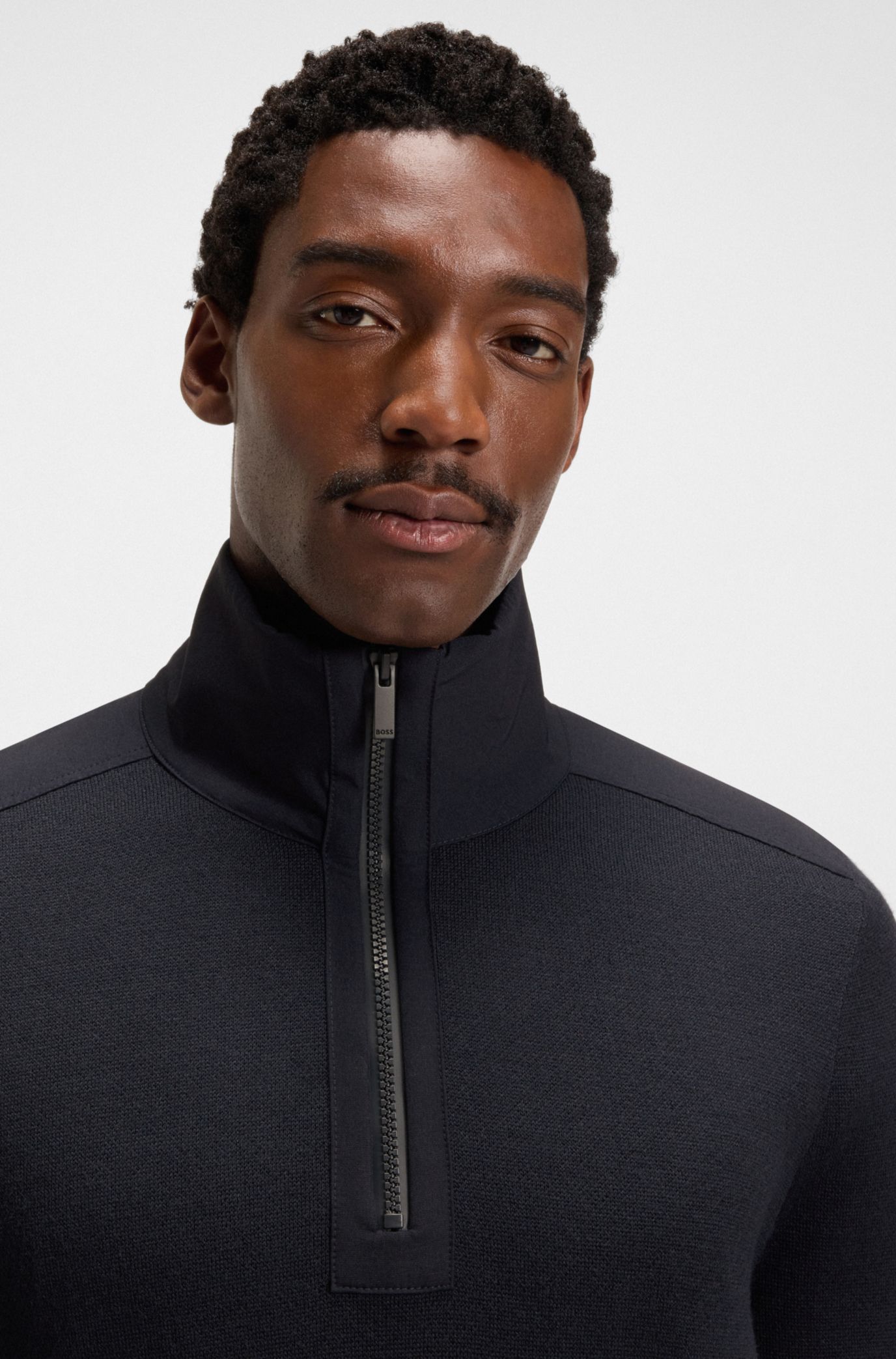 BOSS - Zip-neck sweater with softshell trims - Dark Blue