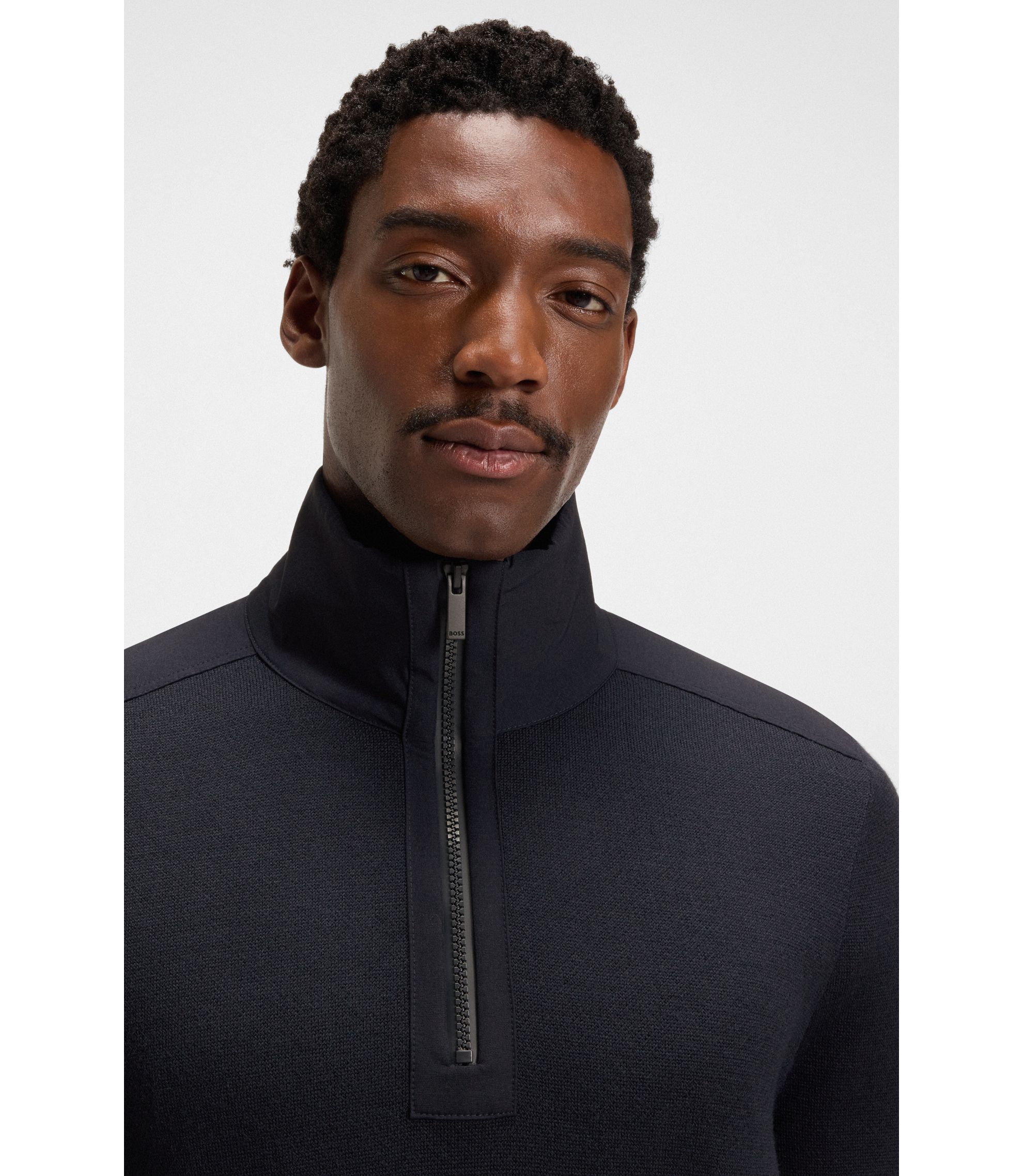 BOSS - Zip-neck sweater with softshell trims - Dark Blue